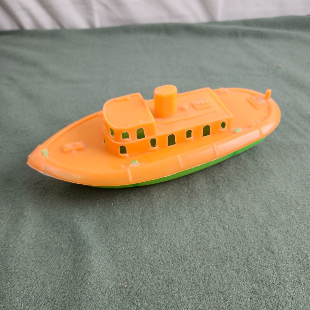 Vintage‎ Plastic Toy Tug Boat Orange Green Bath Toy Beach Toy 1970s